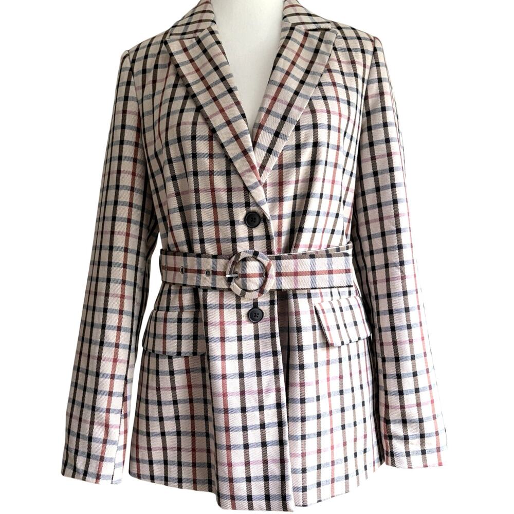 VERO MODA Check Plaid Belted‎ Blazer Jacket Preppy Academia Classic Beige Red S